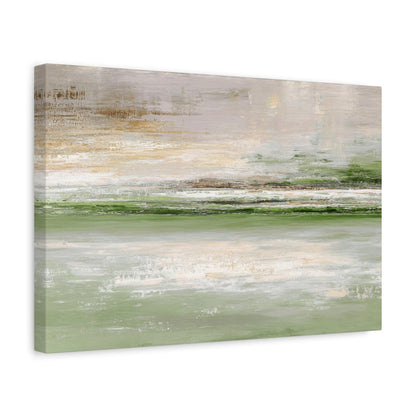 The image is an abstract painting depicting a landscape with a green and white color palette.