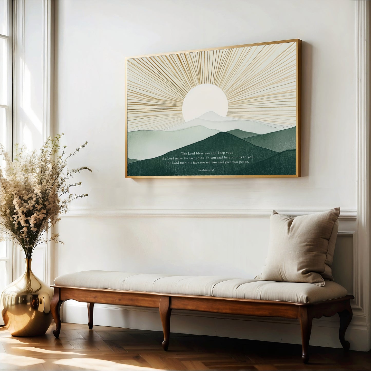 a serene indoor setting with a wooden bench, a vase of flowers, and a framed landscape painting depicting a sun-filled mountain range.