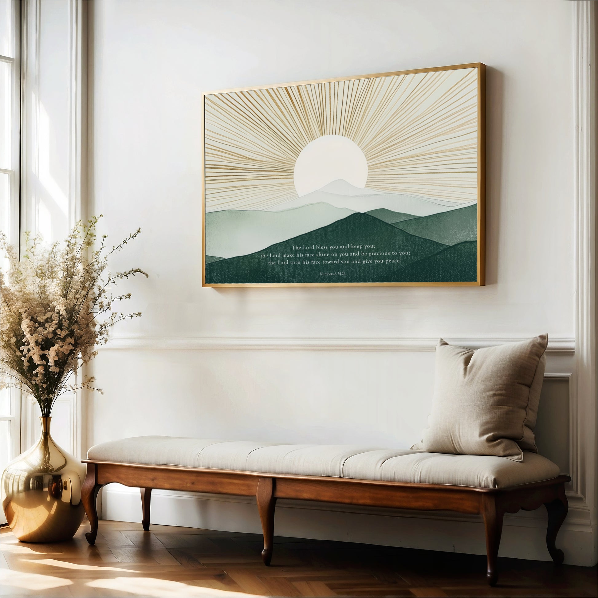 a serene indoor setting with a wooden bench, a vase of flowers, and a framed landscape painting depicting a sun-filled mountain range.