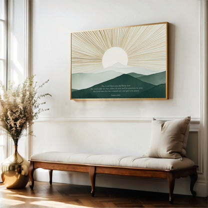 a serene indoor setting with a wooden bench, a vase of flowers, and a framed landscape painting depicting a sun-filled mountain range.
