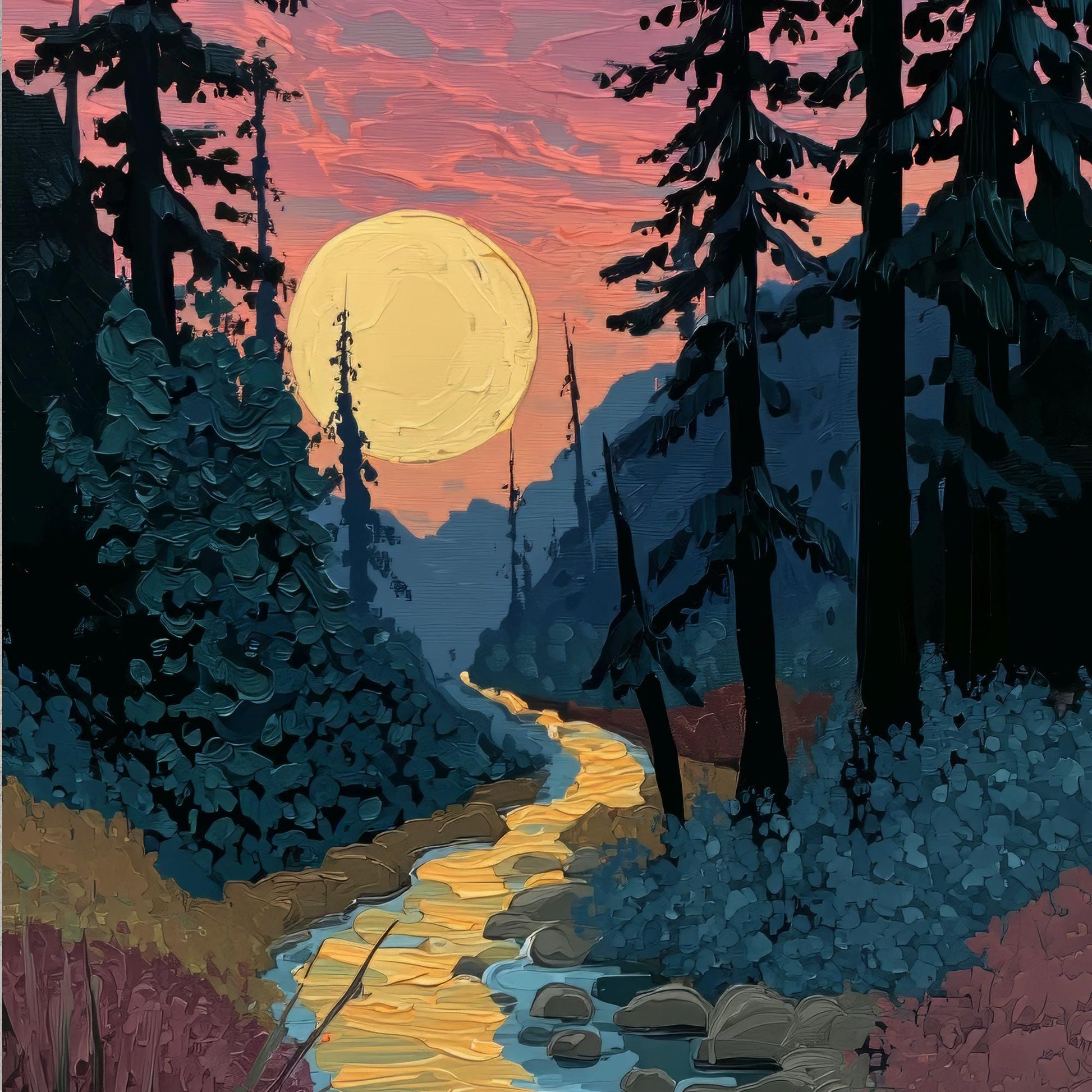 a serene forest scene with a winding river flowing through the center, surrounded by tall trees and a large, glowing yellow moon in the sky.
