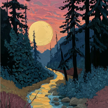 a serene forest scene with a winding river flowing through the center, surrounded by tall trees and a large, glowing yellow moon in the sky.