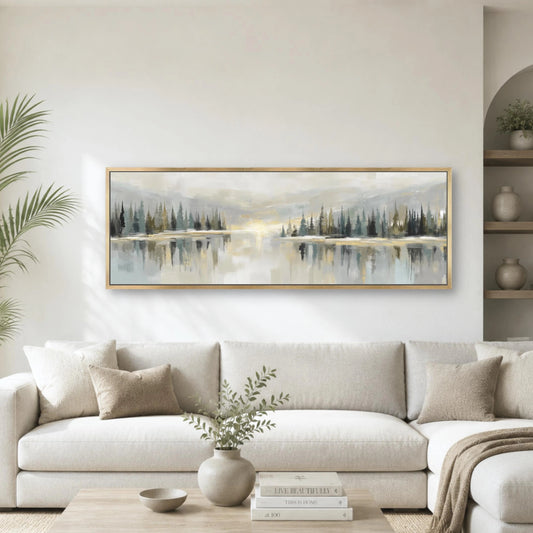 Abstract Lake Sunset Landscape Wall Art, Moss Sage Green Gold Wide Forest Canvas Print, Modern Nature Artwork, Horizontal Neutral Decor