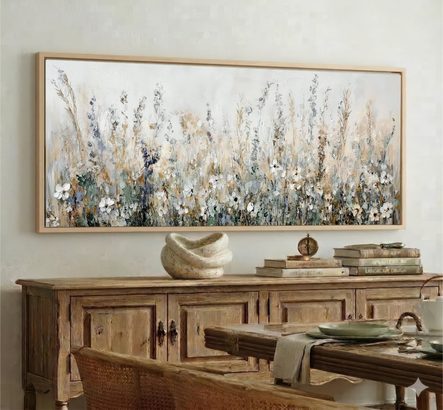 a large painting of a field of flowers hanging on a wall above a wooden cabinet. The cabinet has a vase and some books on top of it. The painting is framed and appears to be a decorative piece in the room.