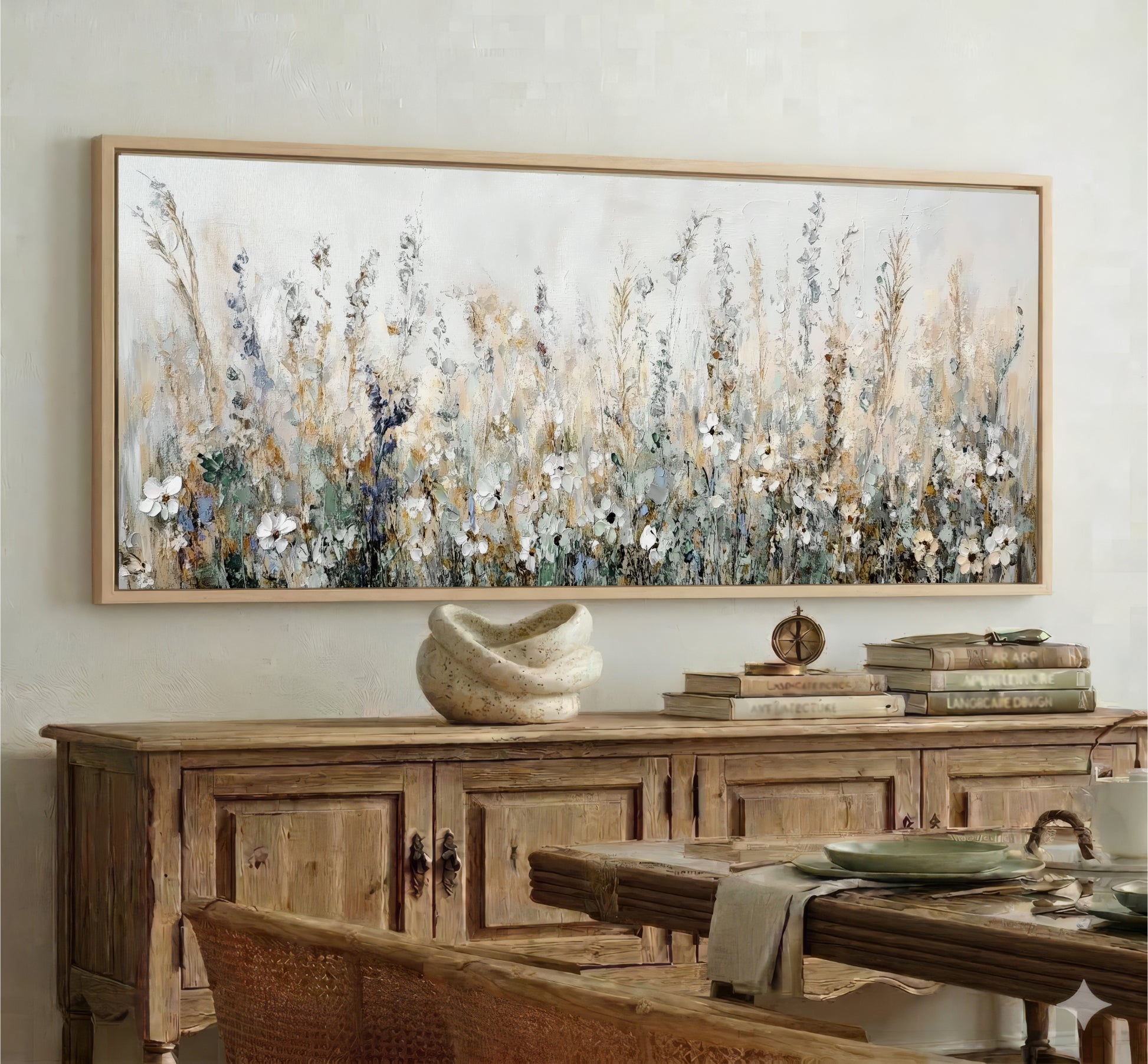 a large painting of a field of flowers hanging on a wall above a wooden cabinet. The cabinet has a vase and some books on top of it. The painting is framed and appears to be a decorative piece in the room.