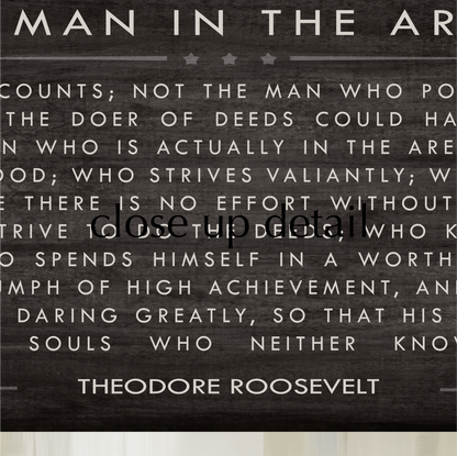 a quote by Theodore Roosevelt, which is a famous speech by the former US President. The quote discusses the importance of self-reliance, high achievement, and courage in the face of adversity. The quote is presented in a block of text, with the author's name, Theodore Roosevelt, and the quote itself being the main focus of the image.