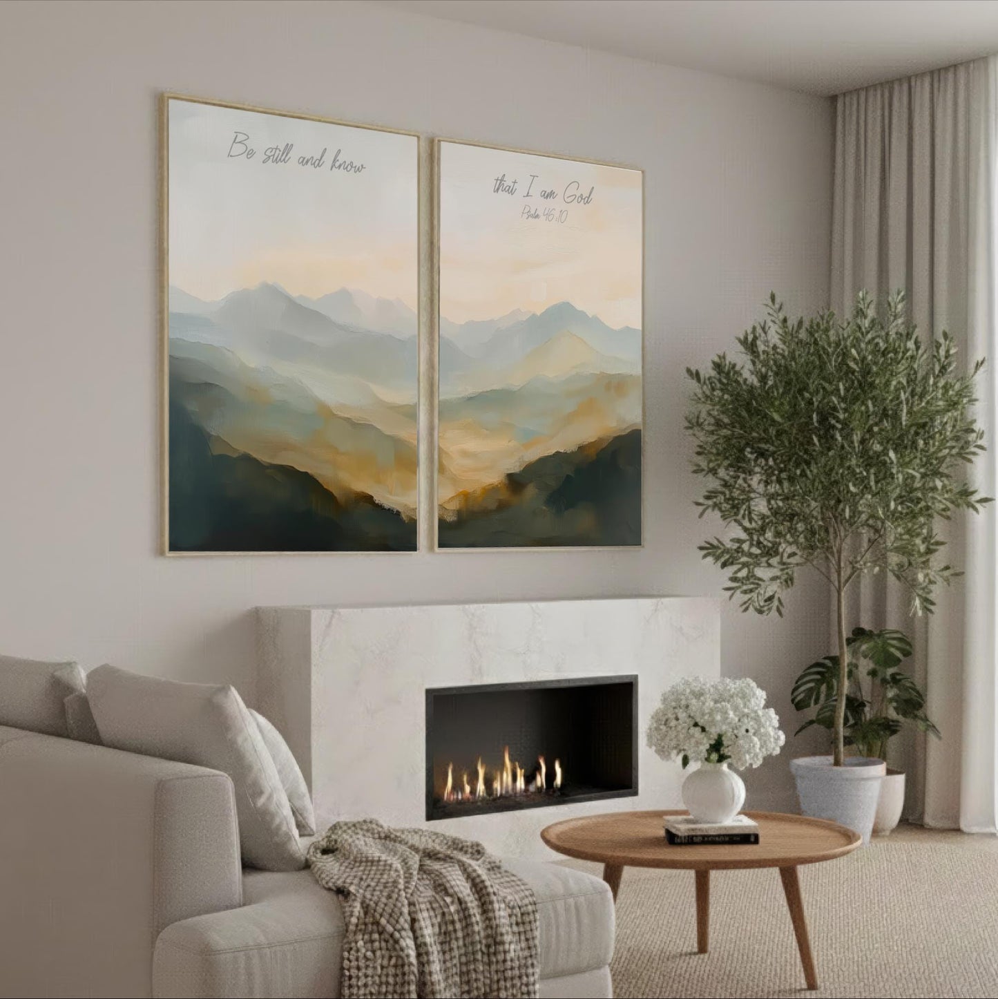 a cozy living room with a fireplace, a comfortable couch, and a coffee table with a vase of white flowers. Above the fireplace, there are two framed paintings depicting a serene mountain landscape.