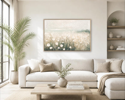 a cozy living room with a large white sofa, a wooden coffee table, and a framed painting of a field of flowers hanging on the wall.