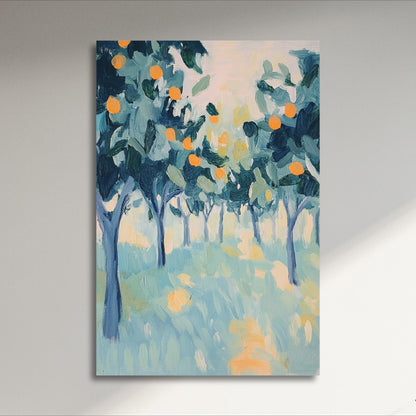 The image is an oil painting depicting a vibrant scene of trees with orange fruits.