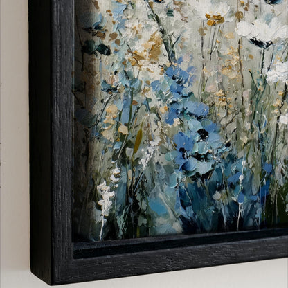 The image is a framed painting depicting a vibrant and colorful floral scene with various shades of blue, green, and yellow flowers.