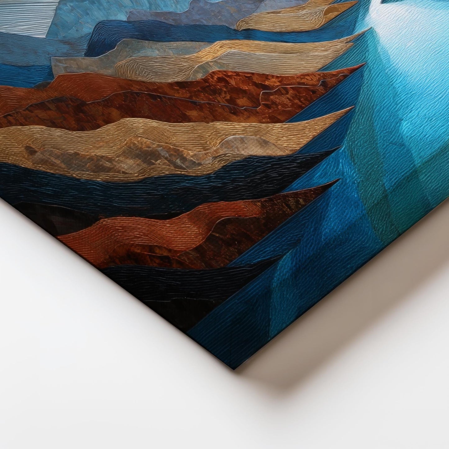 The image is a vibrant abstract artwork featuring a variety of colors and textures, including shades of blue, brown, and orange. The composition is dynamic and visually striking, with the different colors and shapes creating a sense of depth and movement.
