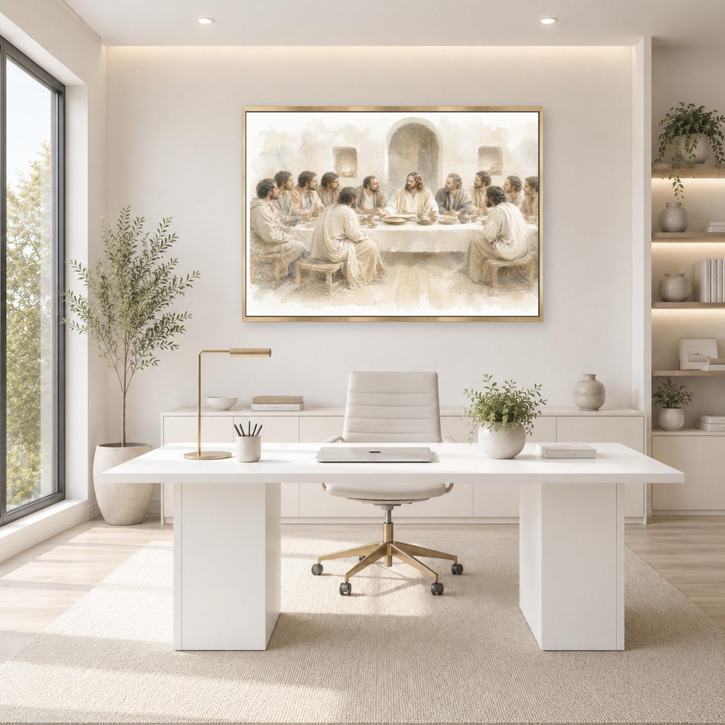 A modern, minimalist office space with a large painting of Jesus Christ and his twelve apostles hanging on the wall above a white desk with a computer and office chair.