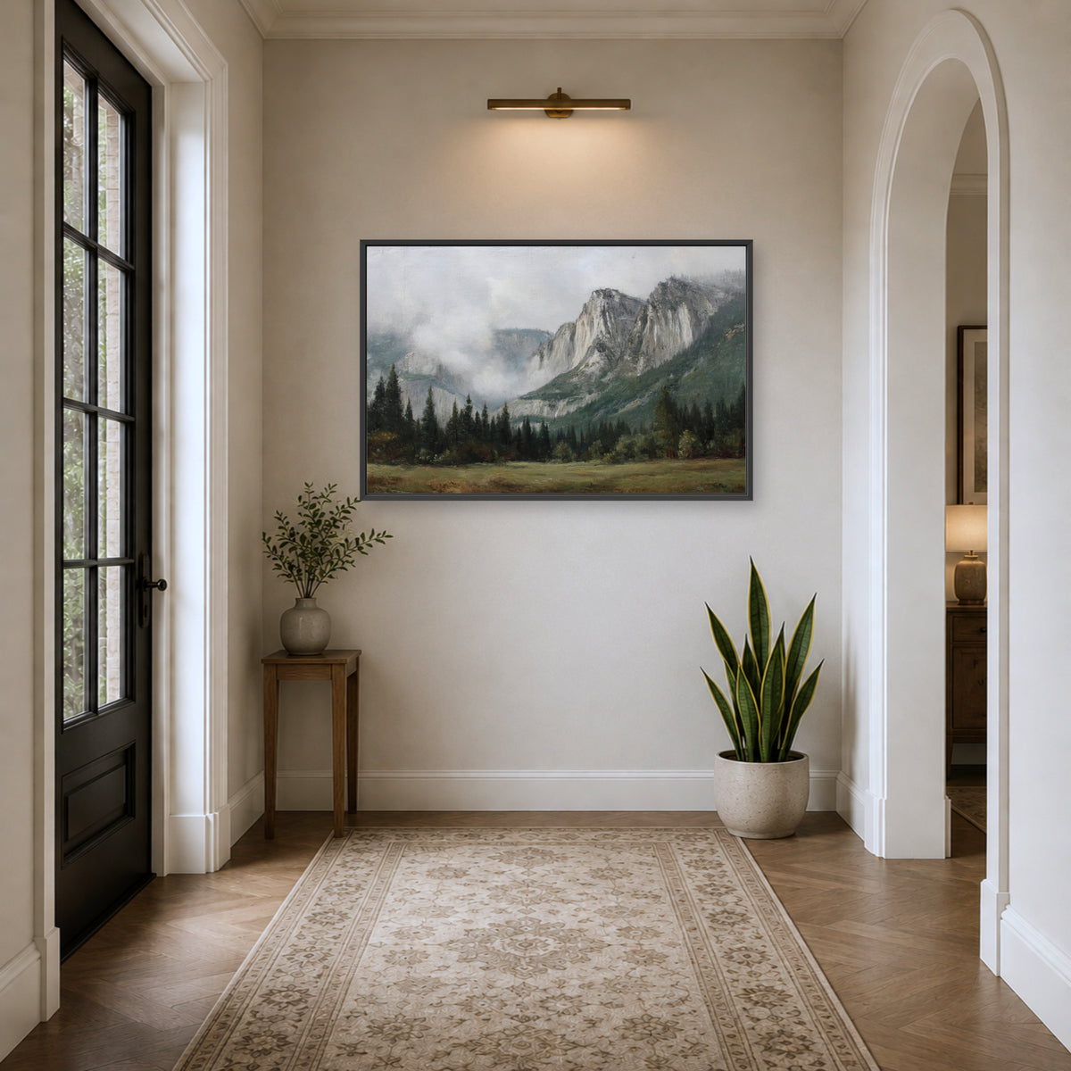 a serene hallway with a large landscape painting hanging on the wall, a small table with a plant, and a rug on the floor.