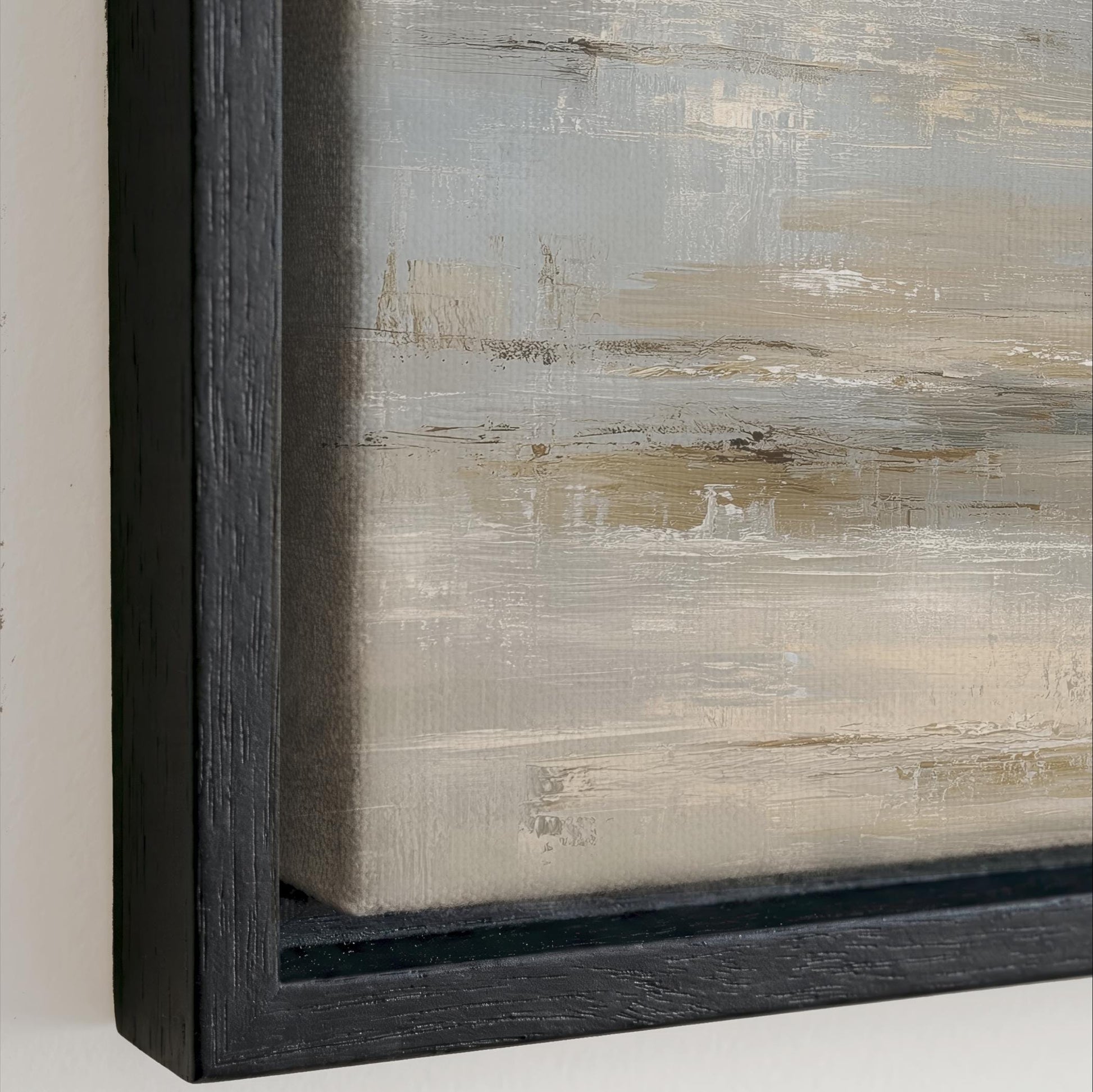 The image is a close-up of a framed painting with a textured, abstract background in shades of gray and beige.