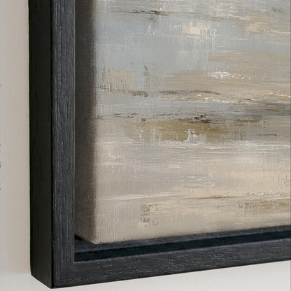 The image is a close-up of a framed painting with a textured, abstract background in shades of gray and beige.
