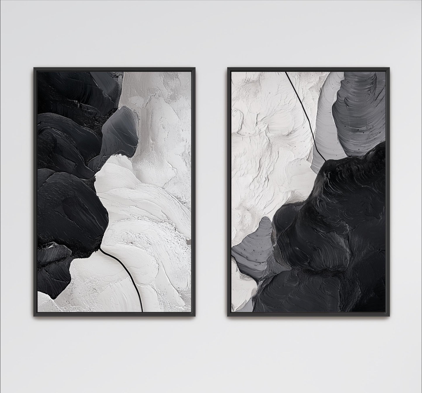 two abstract paintings with contrasting color schemes and textures.
