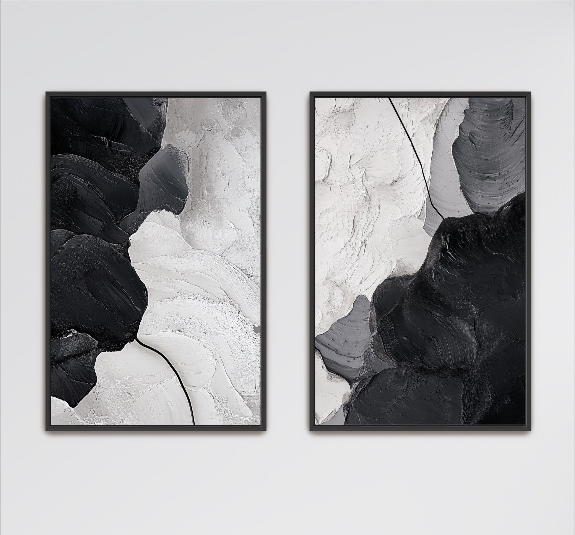 two abstract paintings with contrasting color schemes and textures.
