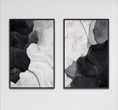 two abstract paintings with contrasting color schemes and textures.