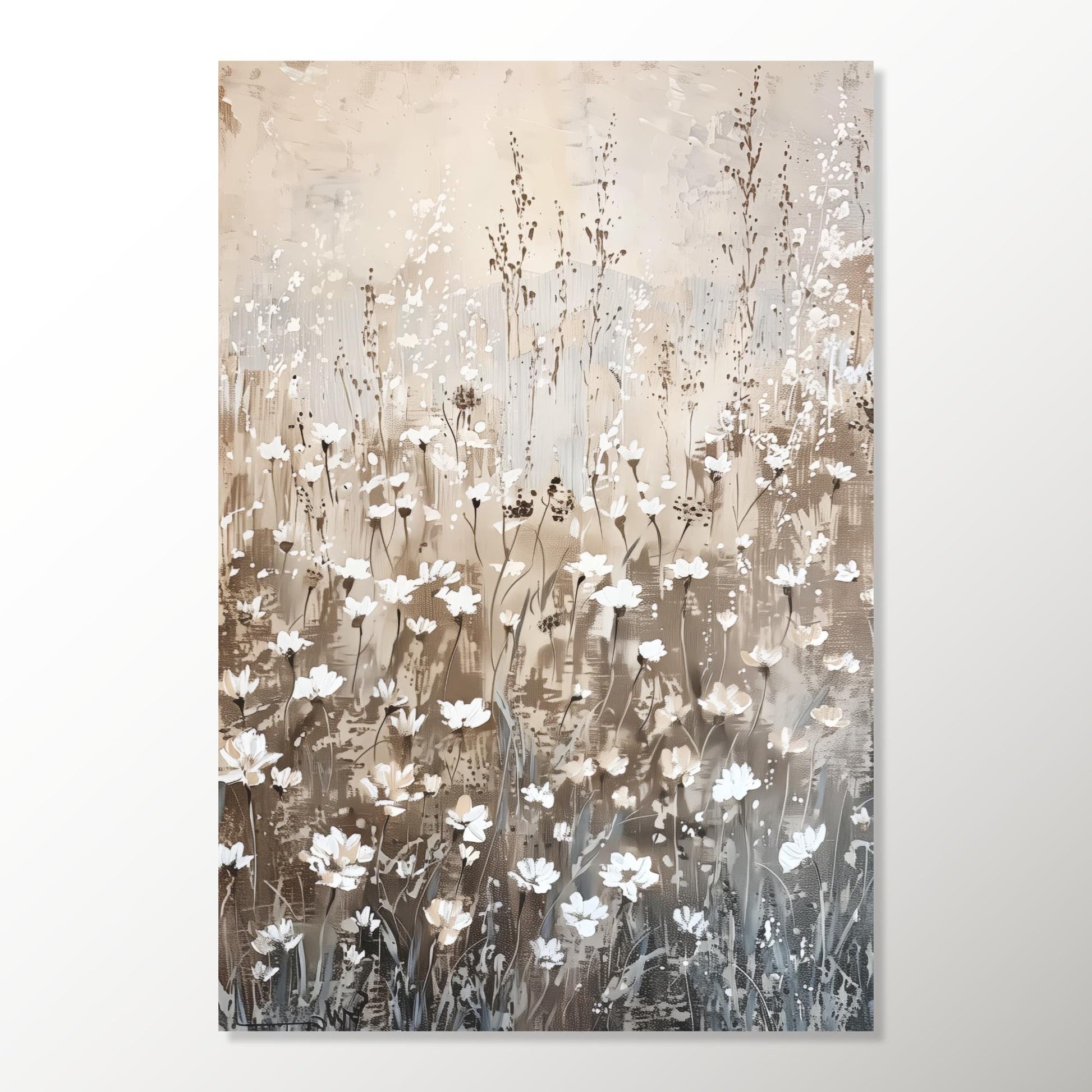 The image is a painting of a field of white flowers with a light brown background.