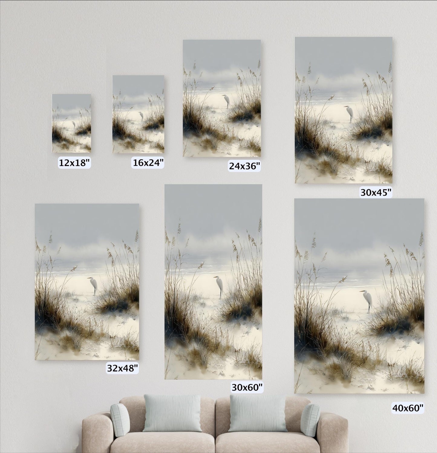a collection of framed photographs of a serene beach scene, including a bird standing on the sand and tall grasses in the background. The photographs vary in size, with some being smaller than others, and are arranged in a grid-like pattern on the wall.