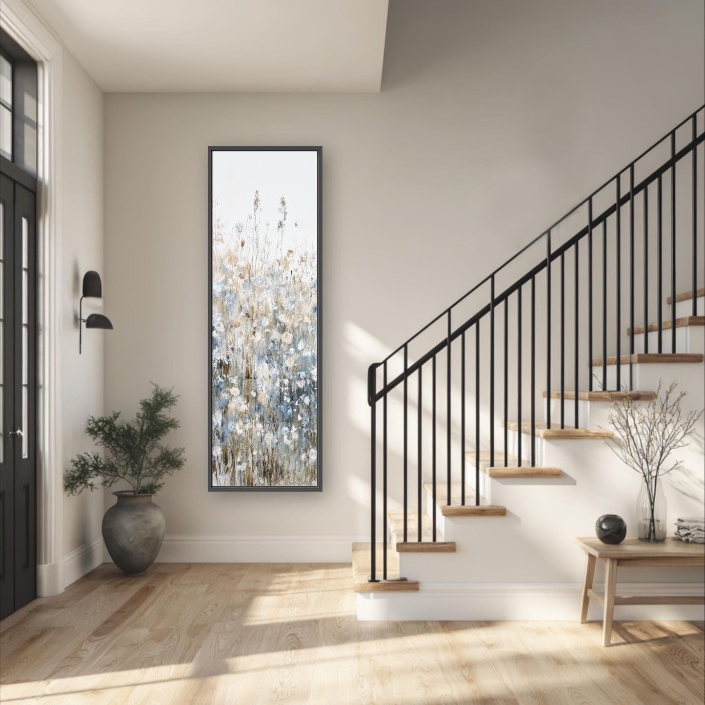 a modern and minimalist interior design, featuring a large painting of flowers on the wall, a black metal railing on the staircase, a wooden bench, and a potted plant.
