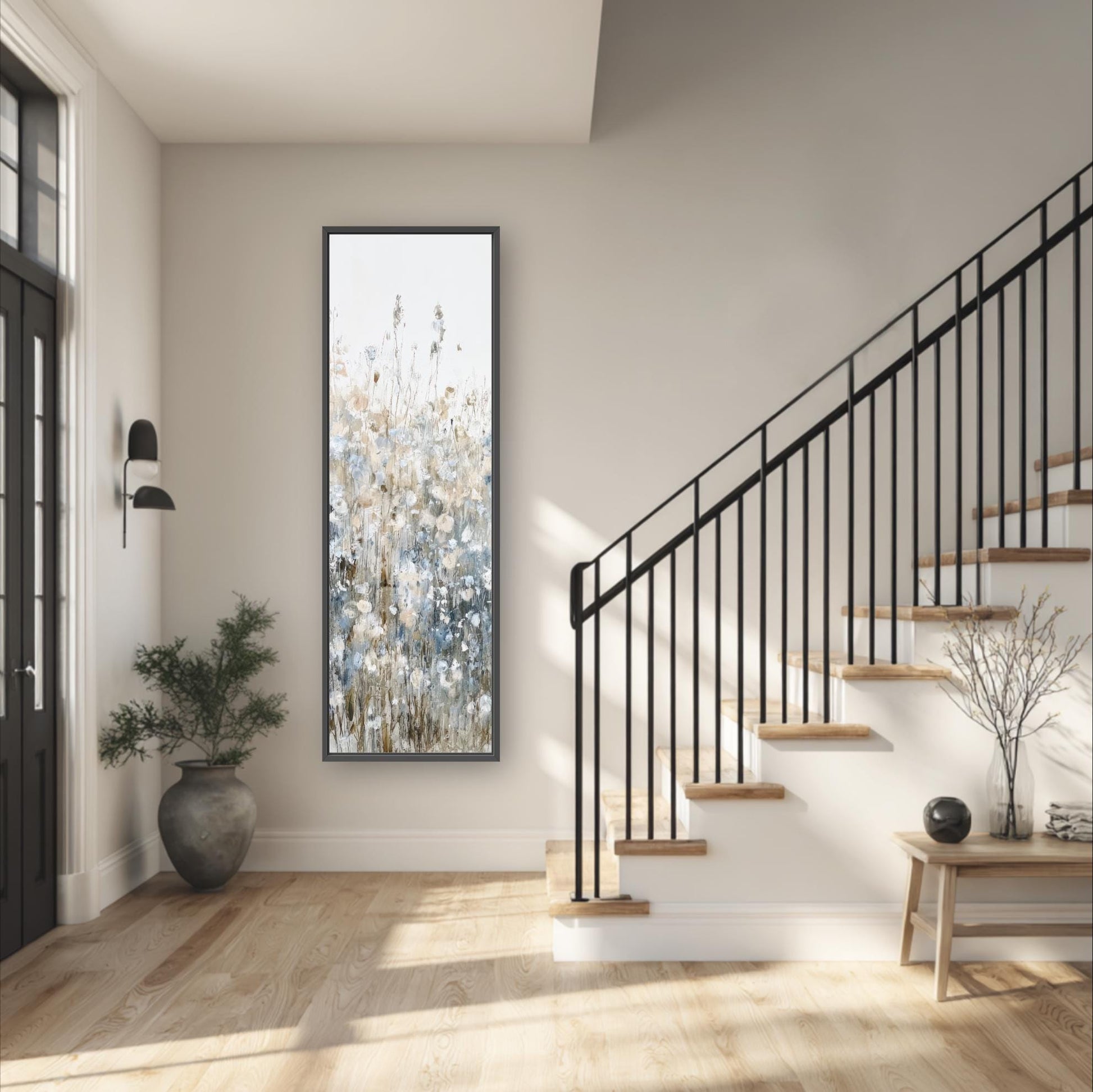 a modern and minimalist interior design, featuring a large painting of flowers on the wall, a black metal railing on the staircase, a wooden bench, and a potted plant.
