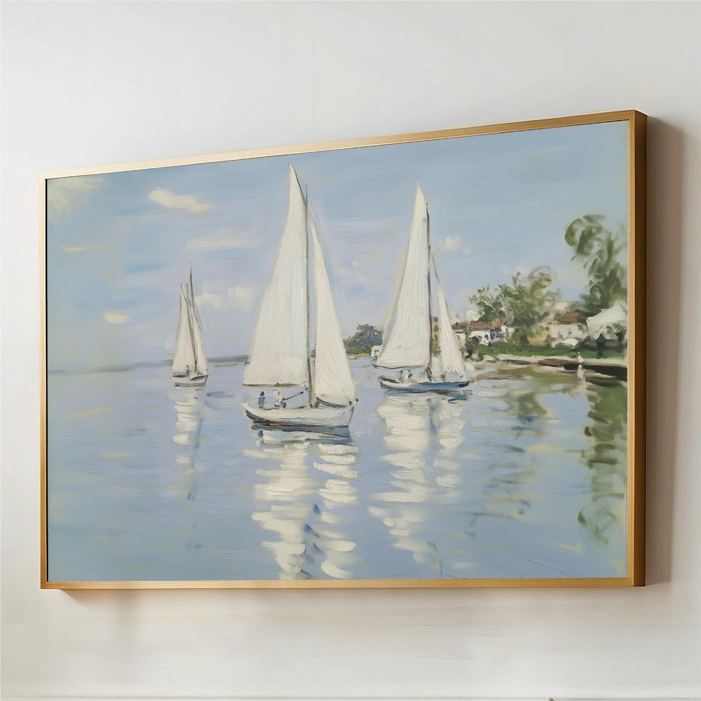 Sailboat Coastal Wall Art, Light Blue Impressionist Painting, Nautical Canvas Print, Summer Boats Artwork, Beach Lake House Decor