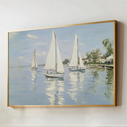 Sailboat Coastal Wall Art, Light Blue Impressionist Painting, Nautical Canvas Print, Summer Boats Artwork, Beach Lake House Decor