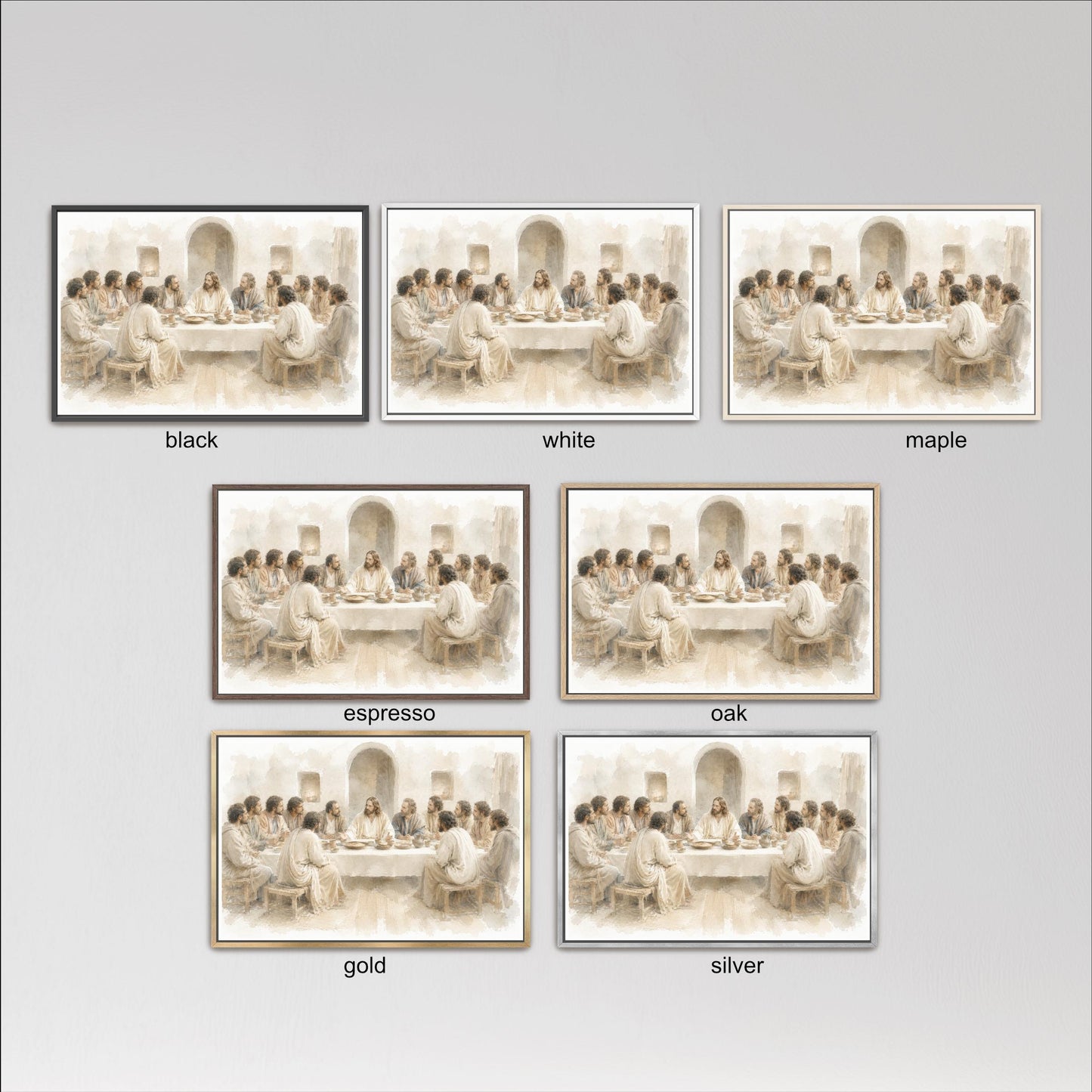 six different framed artworks depicting scenes of people sitting around a table, possibly from a painting or a photograph. The artworks are arranged in a grid format, with each frame labeled with a different color, such as black, white, maple, espresso, oak, and gold. The artworks are arranged in a visually pleasing manner, showcasing the variety of colors and styles within the collection.
