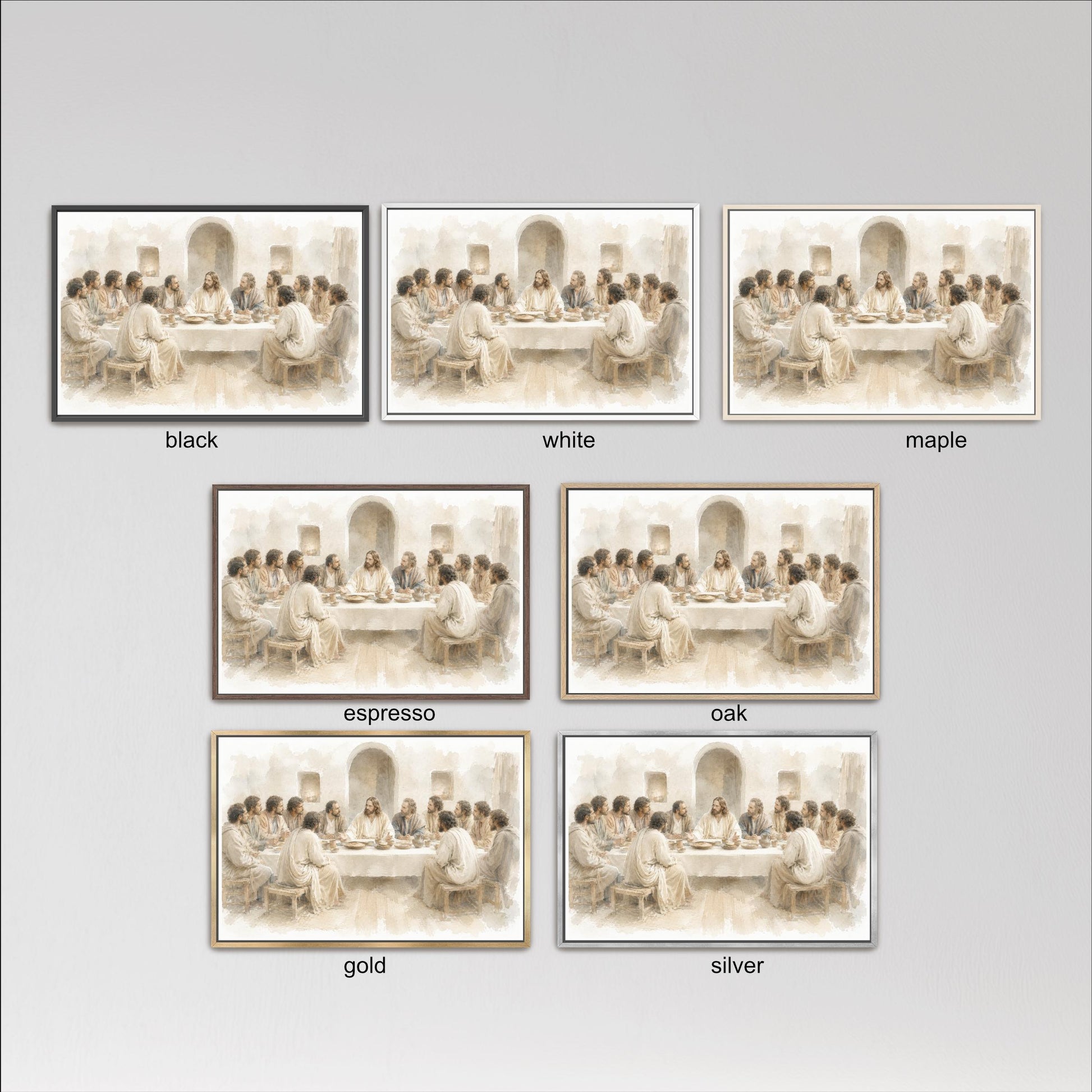 six different framed artworks depicting scenes of people sitting around a table, possibly from a painting or a photograph. The artworks are arranged in a grid format, with each frame labeled with a different color, such as black, white, maple, espresso, oak, and gold. The artworks are arranged in a visually pleasing manner, showcasing the variety of colors and styles within the collection.