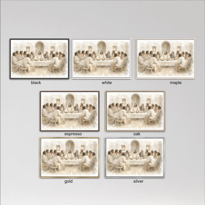six different framed artworks depicting scenes of people sitting around a table, possibly from a painting or a photograph. The artworks are arranged in a grid format, with each frame labeled with a different color, such as black, white, maple, espresso, oak, and gold. The artworks are arranged in a visually pleasing manner, showcasing the variety of colors and styles within the collection.