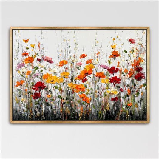 Floral Poppy Meadow Framed Art, Red Orange Yellow Wildflowers Landscape, Colorful Modern Vintage Farmhouse Artwork Canvas Print Wall Decor