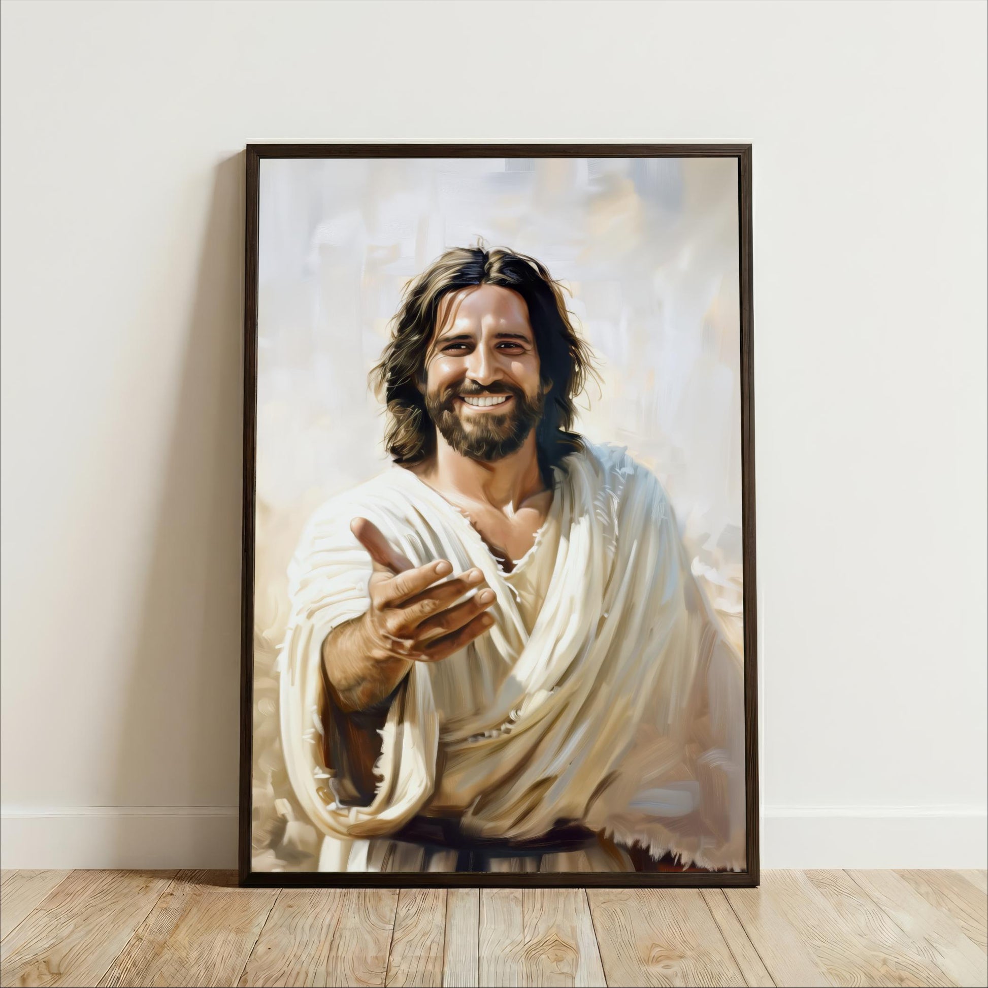 The image is a framed painting depicting a smiling man with long hair and a beard, wearing a white robe.