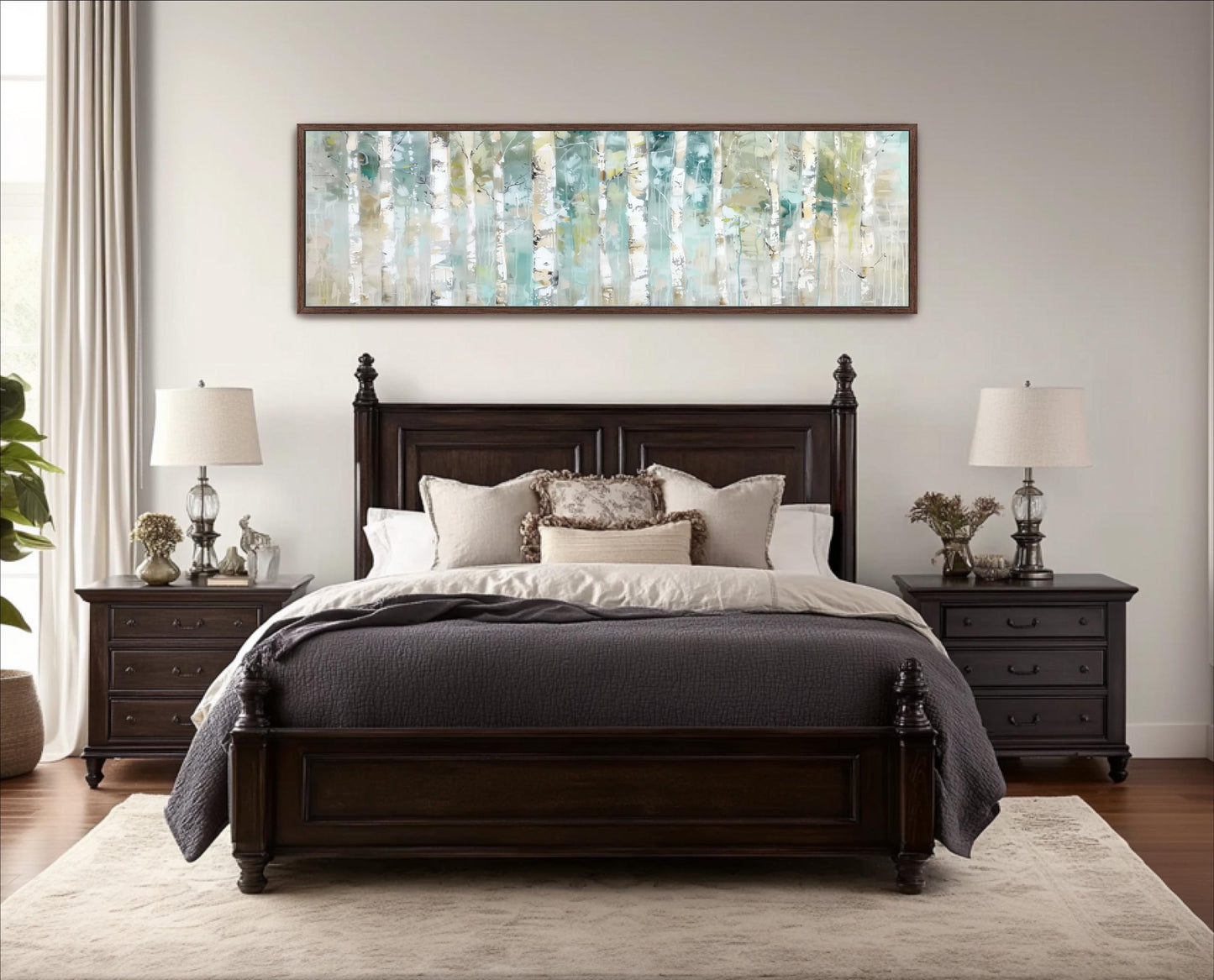 a serene and cozy bedroom with a large bed, dark wood furniture, and a framed artwork featuring a forest scene on the wall above it.