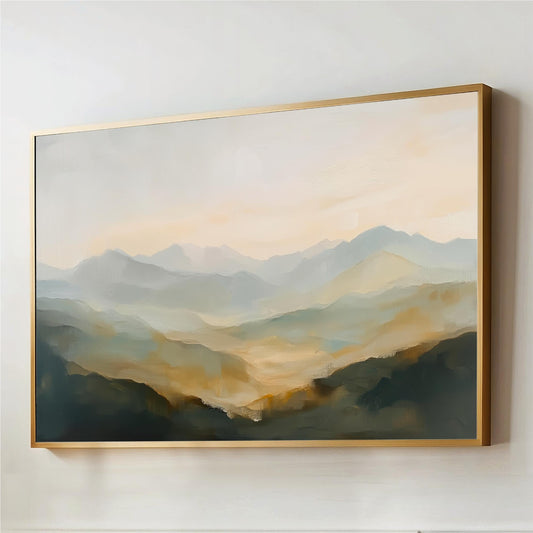The image is a framed painting depicting a serene landscape with mountains in the background and a hazy, golden sky above.