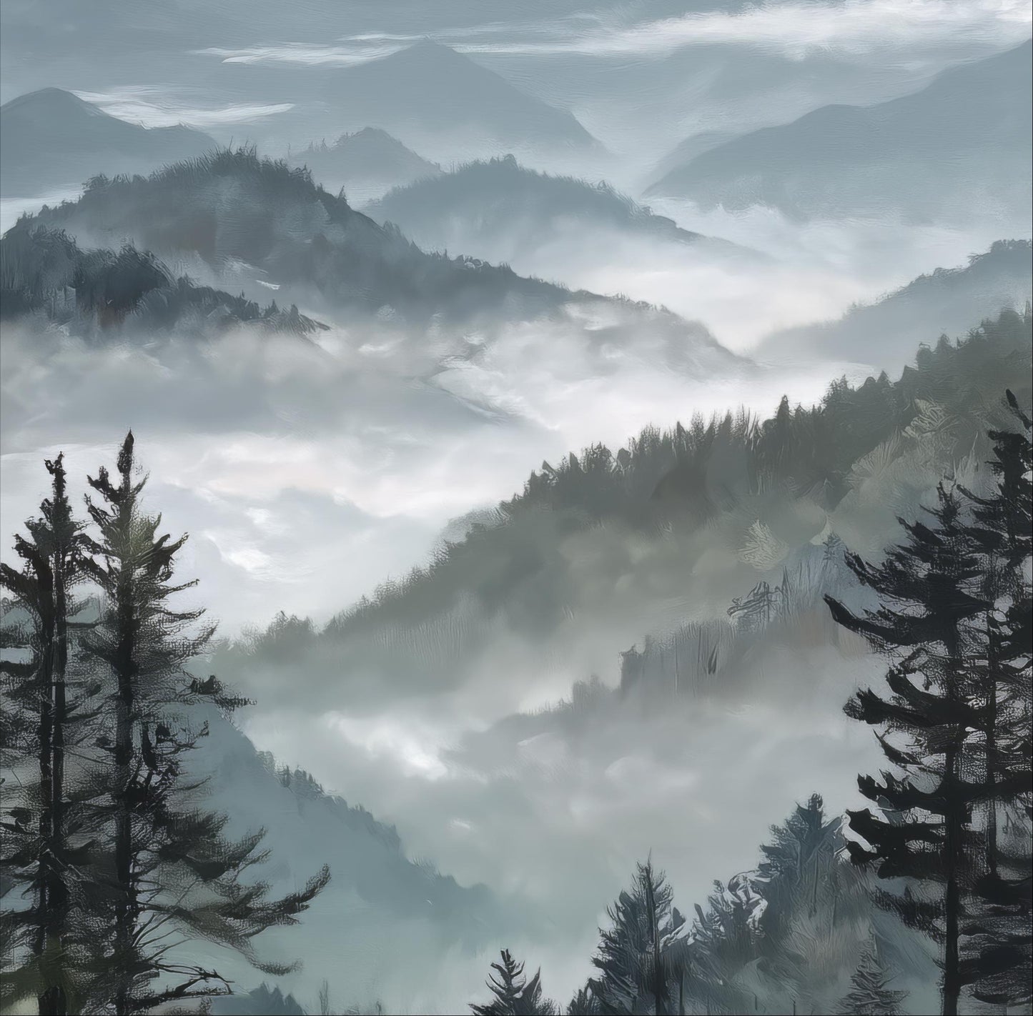 a serene, misty mountain landscape with a dense forest of pine trees in the foreground. The mountains in the background are shrouded in a thick layer of fog, creating a sense of mystery and tranquility. The overall scene conveys a sense of solitude and peacefulness, with the natural elements harmoniously blending together.