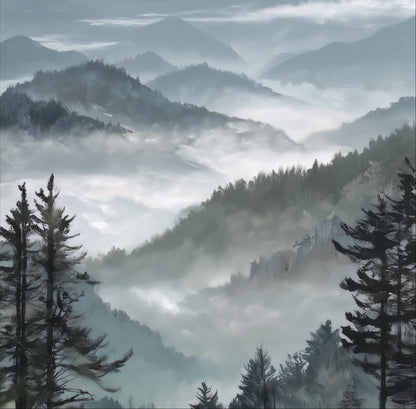 a serene, misty mountain landscape with a dense forest of pine trees in the foreground. The mountains in the background are shrouded in a thick layer of fog, creating a sense of mystery and tranquility. The overall scene conveys a sense of solitude and peacefulness, with the natural elements harmoniously blending together.