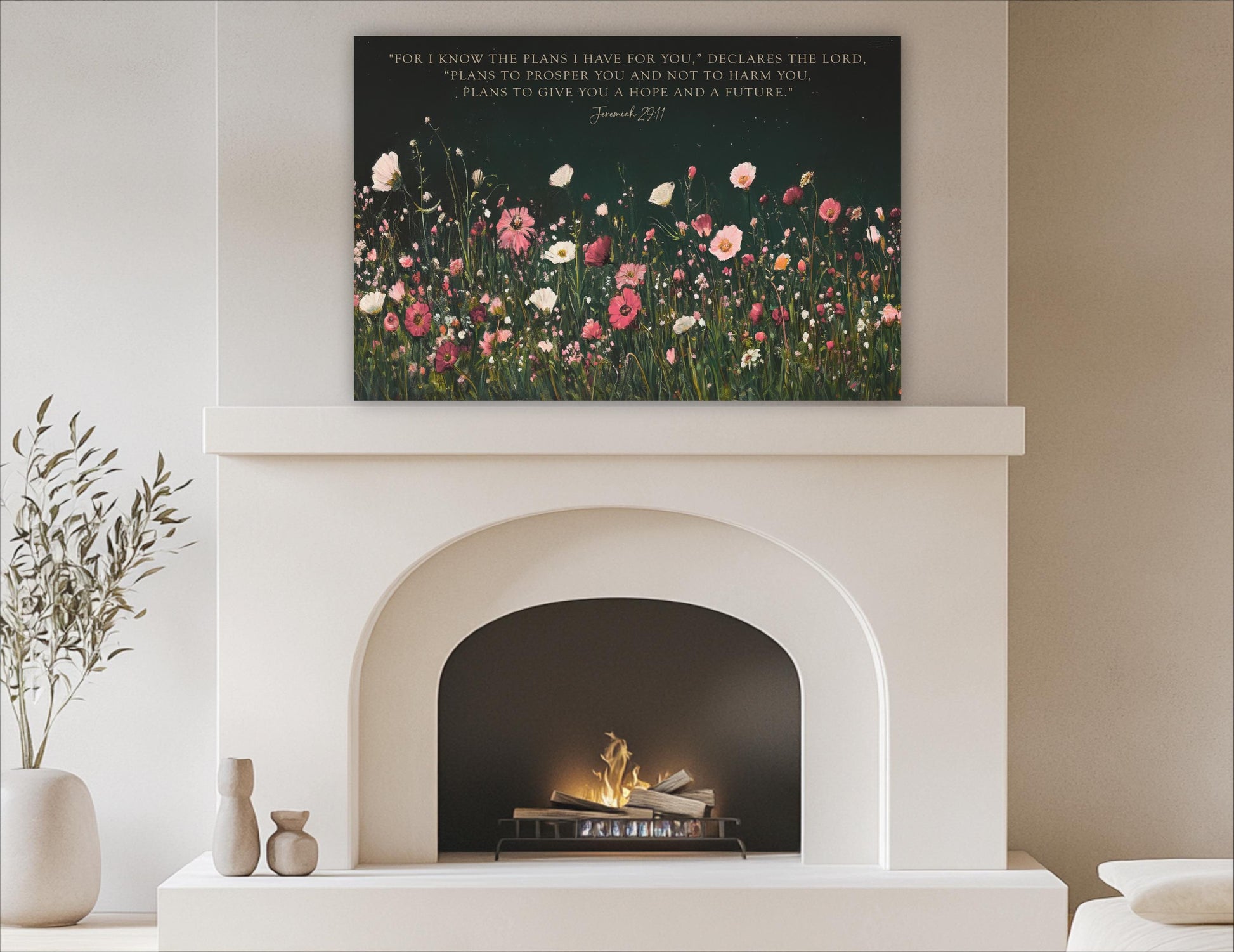 a picture of a fireplace with a quote above it