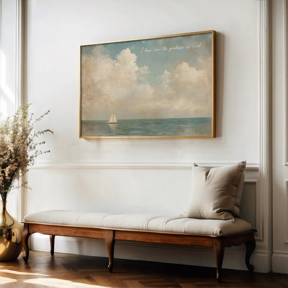 a serene indoor setting with a wooden bench, a vase of flowers, and a framed painting of a sailboat on the wall.