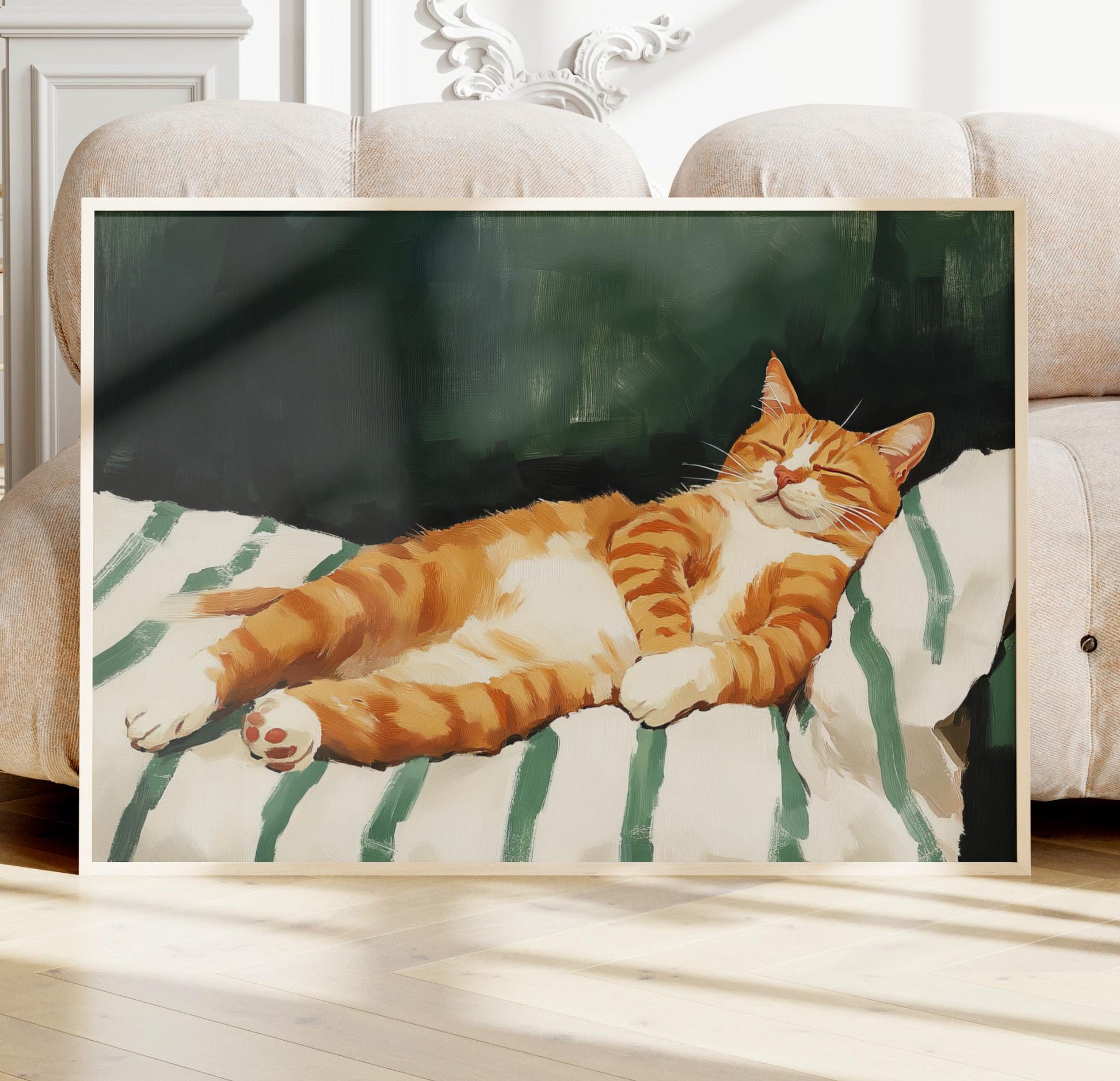 a painting of an orange cat laying on a blanket