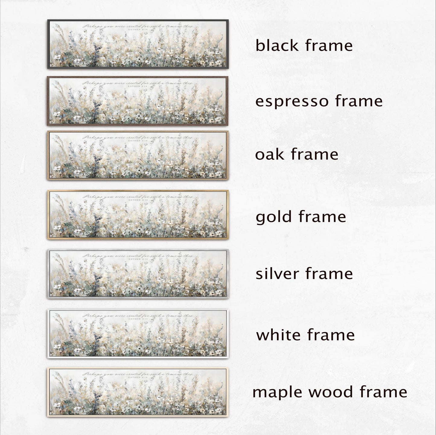 a series of framed artworks, each with a different frame color and style. The artworks are arranged in a row, showcasing the various options available for framing.