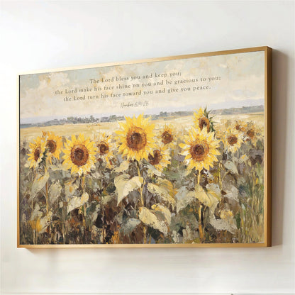 The image is a painting of a field of sunflowers, with a text overlay that reads "The Lord shines on you and begracious to you; the Lord turn his face toward you and give you peace." The Lord Bless You Sunflowers Art Numbers 6:24-26, Scripture Landscape Artwork Wildflower Field, Framed Canvas Print, Christian Decor