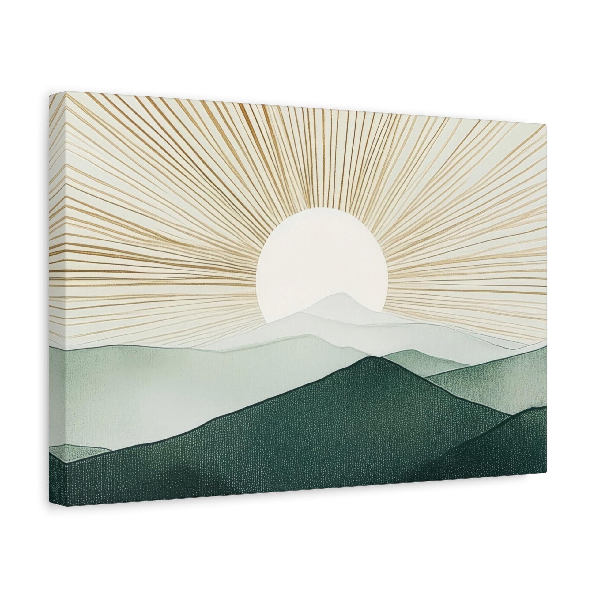 a serene landscape with a sun rising over a mountain range, casting a warm glow across the scene.
