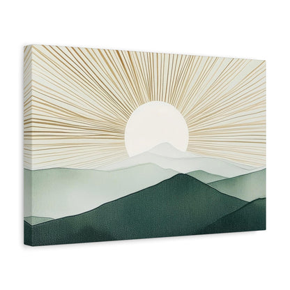 a serene landscape with a sun rising over a mountain range, casting a warm glow across the scene.