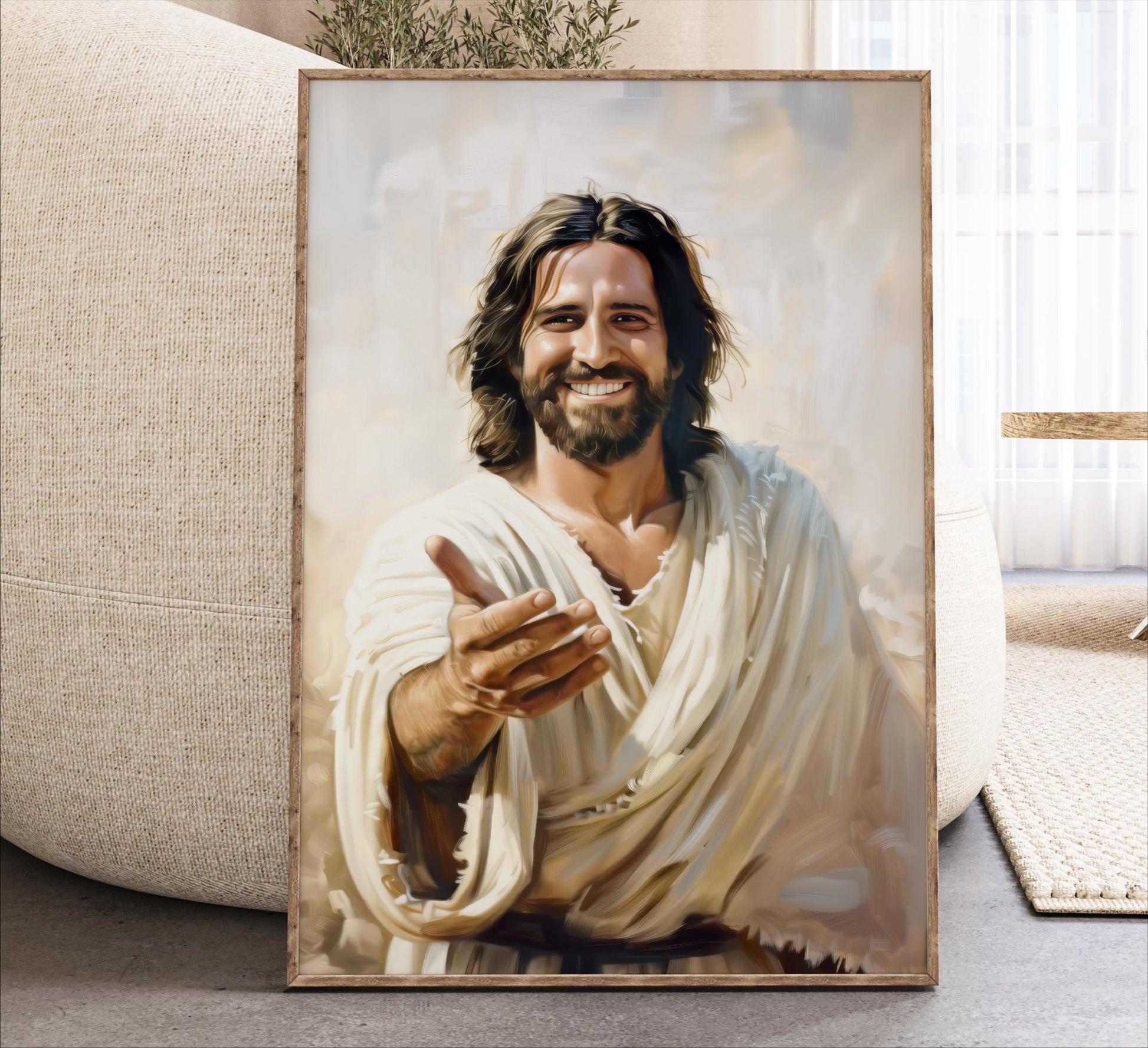 The image is a framed painting depicting a smiling man with long hair and a beard, wearing a white robe.