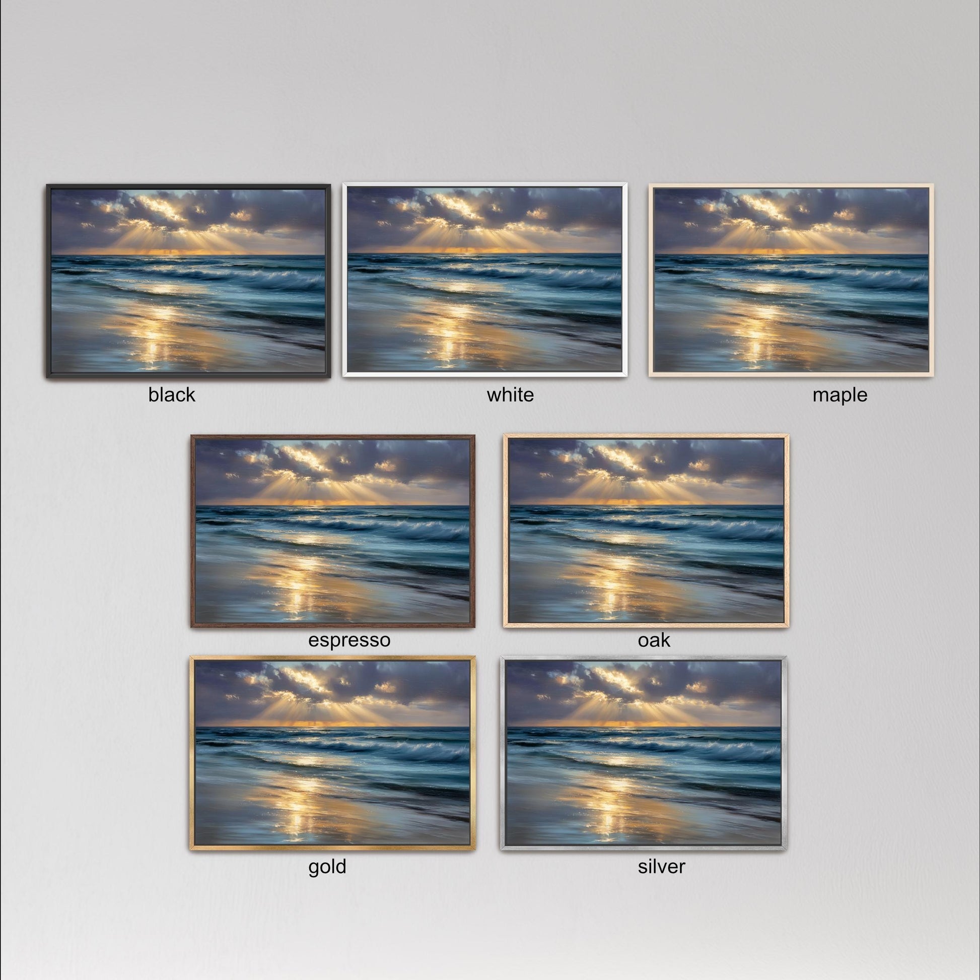 six framed pictures of a beach scene, each with a different color and frame style. The pictures are arranged in a grid format, with three pictures in each row and two pictures in each column. The frames are labeled with the color names black, white, and maple, and the pictures are described as black, white, and maple.