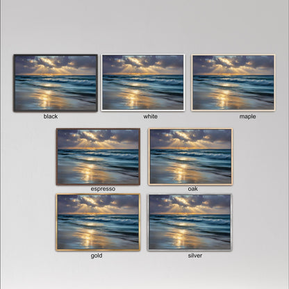 six framed pictures of a beach scene, each with a different color and frame style. The pictures are arranged in a grid format, with three pictures in each row and two pictures in each column. The frames are labeled with the color names black, white, and maple, and the pictures are described as black, white, and maple.