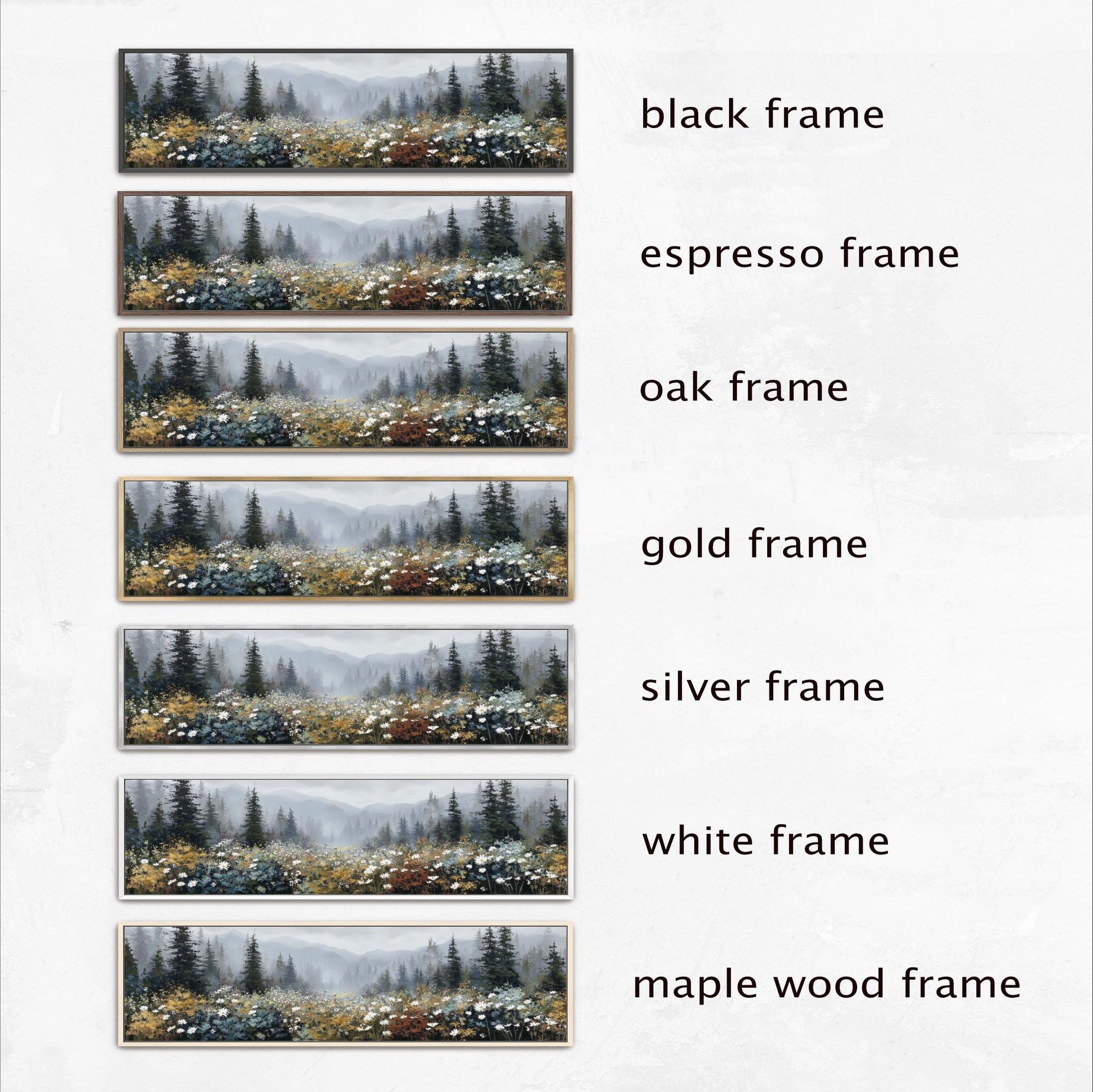 a series of six framed landscape photographs, each with a different frame color and style. The frames are labeled as black, espresso, oak, gold, silver, white, and maple wood.