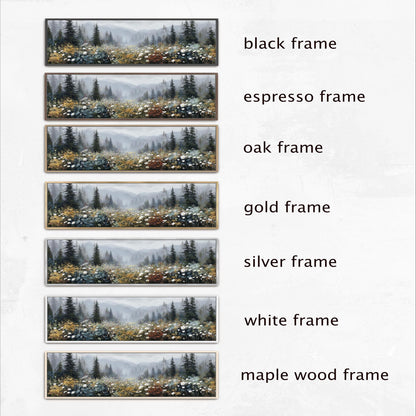 a series of six framed landscape photographs, each with a different frame color and style. The frames are labeled as black, espresso, oak, gold, silver, white, and maple wood.