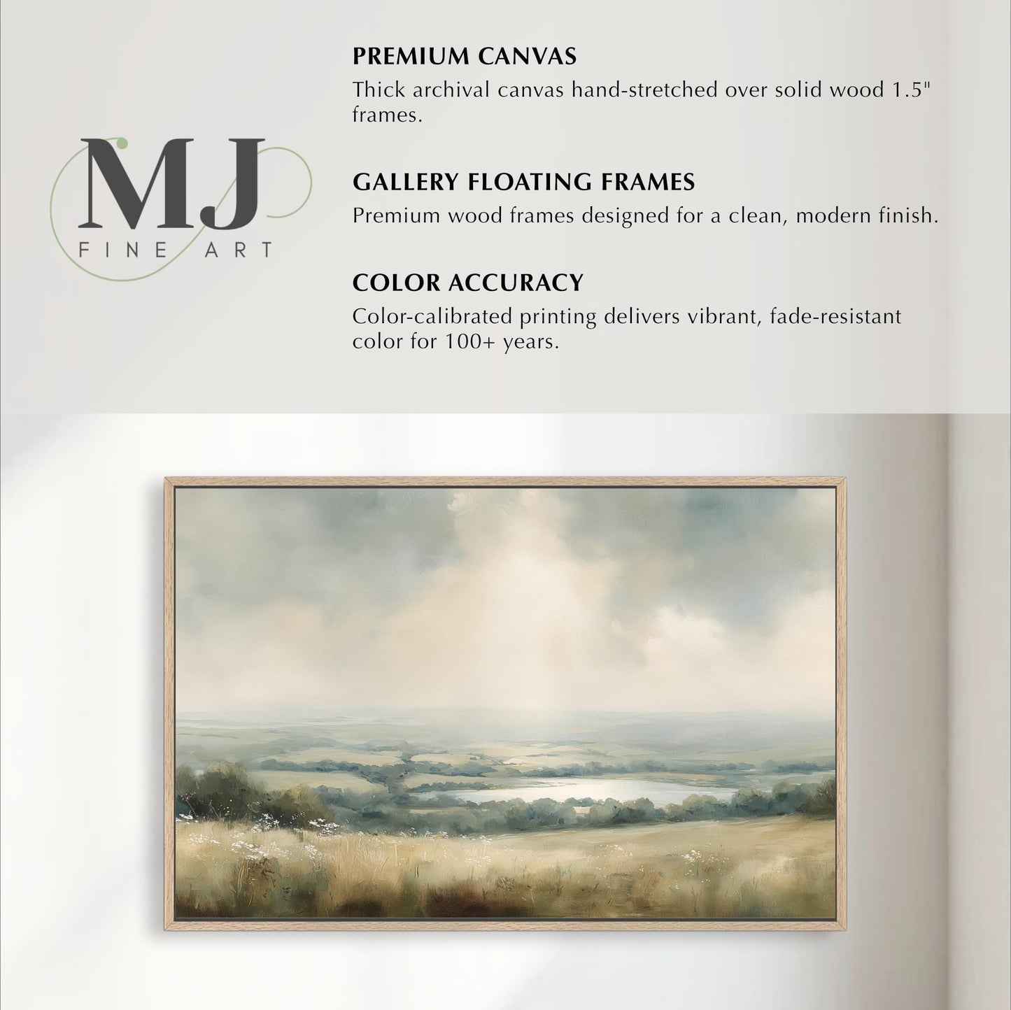 The image is a painting of a landscape with a field and a body of water, framed in a wooden frame.